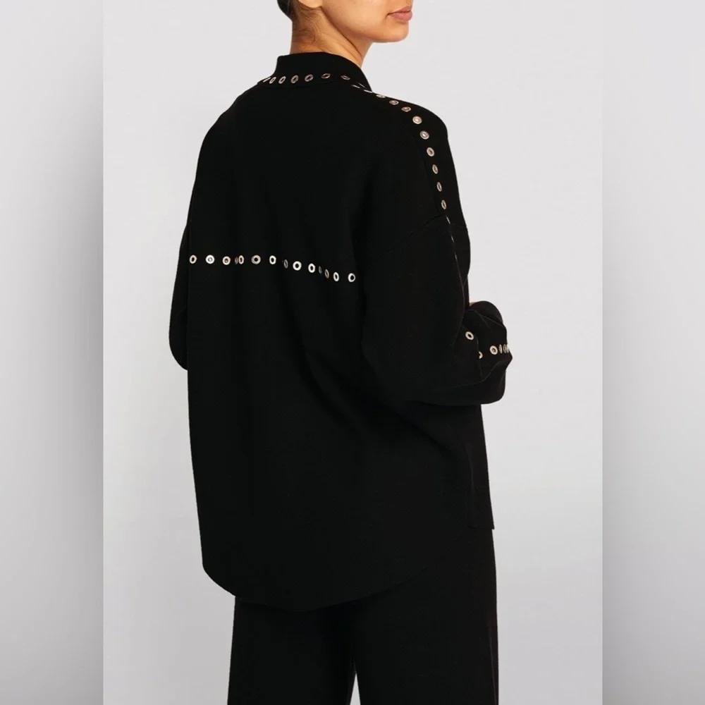 MAJE Knitted Eyelet Black Oversized Over Shirt with Silver Hardware Size: 2